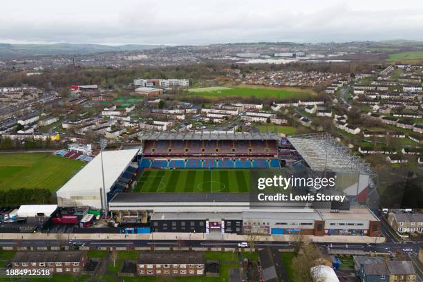 An aerial view of Turf Moor is seen prior to the Premier League match between Burnley FC and Liverpool FC on December 26, 2023 in Burnley, England.