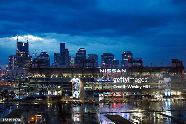 Exterior view of Nissan Stadium with downtown Nashville behind before the game between the Tennessee Titans and the Seattle Seahawks at Nissan...