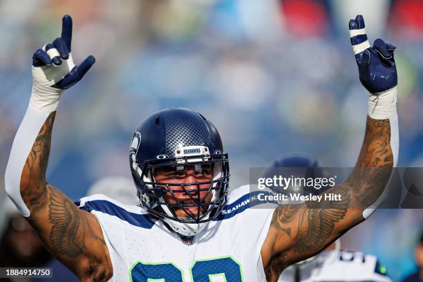 Leonard Williams of the Seattle Seahawks warms up before the game against the Tennessee Titans at Nissan Stadium on December 24, 2023 in Nashville,...