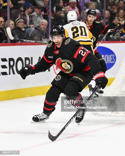 Travis Hamonic of the Ottawa Senators skates during the third period against the Pittsburgh Penguins at Canadian Tire Centre on December 23, 2023 in...