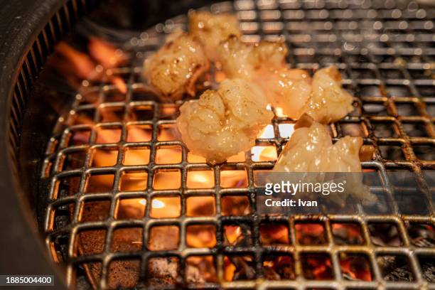 close-up of cooking beef on barbecue grill, japanese barbecue - yakiniku - fotografias e filmes do acervo