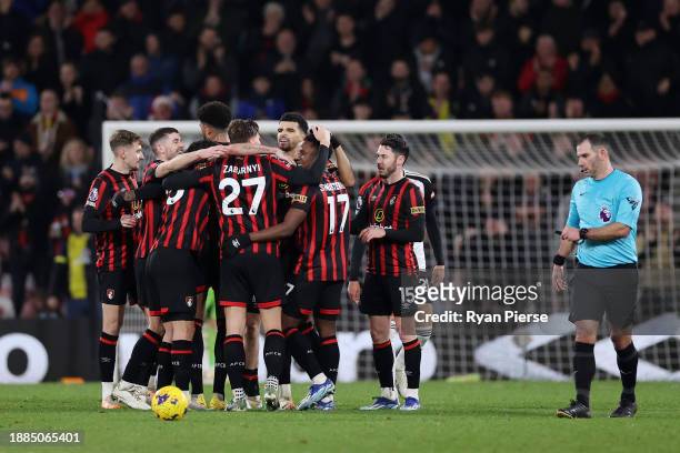 Luis Sinisterra of AFC Bournemouth celebrates with team mates after scoring their sides third goal during the Premier League match between AFC...