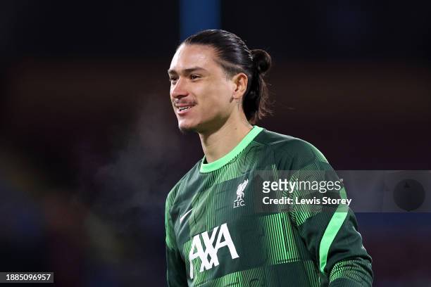 Darwin Nunez of Liverpool warms up prior to the Premier League match between Burnley FC and Liverpool FC at Turf Moor on December 26, 2023 in...