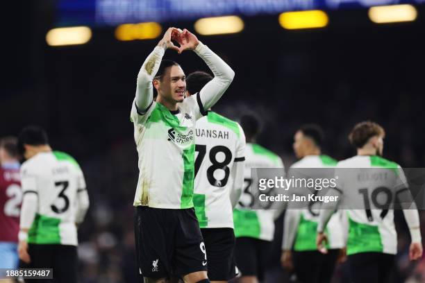 Darwin Nunez of Liverpool celebrates after scoring their team's first goal during the Premier League match between Burnley FC and Liverpool FC at...