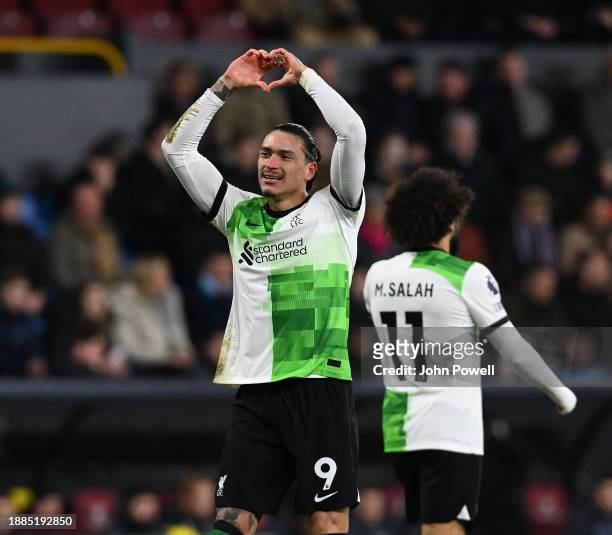 Darwin Nunez of Liverpool celebrates after scoring the opening goal during the Premier League match between Burnley FC and Liverpool FC at Turf Moor...