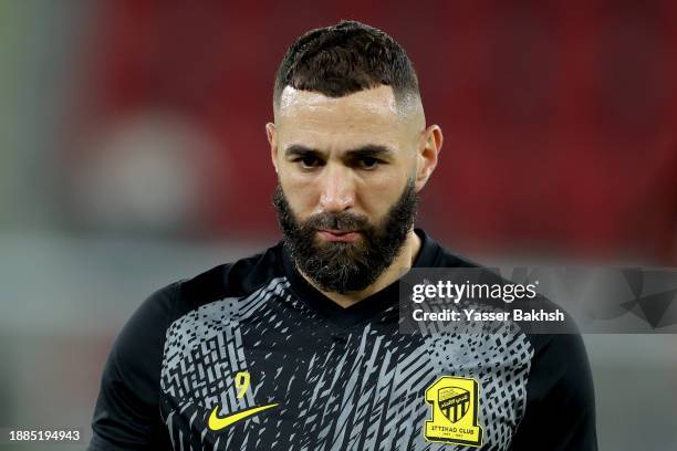 Karim Benzema of Al-Ittihad looks on prior to the Saudi Pro League match between Al-Ittihad and Al-Nassr at Prince Abdullah Al Faisal Stadium on...