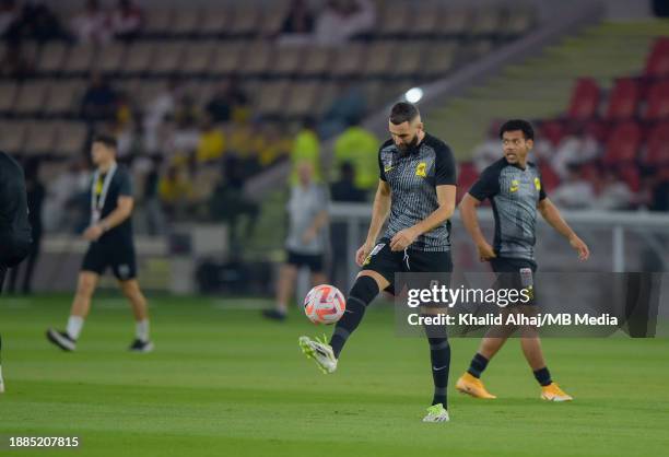 Karim Benzema of Al-Ittihad warming up before the Saudi Pro League match between Al-Ittihad and Al-Nassr at Prince Abdullah Al Faisal Stadium on...