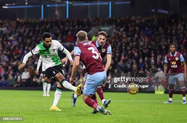 Cody Gakpo of Liverpool scores a goal which is later disallowed following a VAR review during the Premier League match between Burnley FC and...