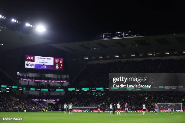 General view inside the stadium as the scoreboard shows that the VAR disallows a goal scored by Cody Gakpo of Liverpool during the Premier League...