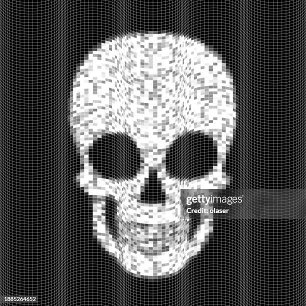 stockillustraties, clipart, cartoons en iconen met half tone skeleton skull on 3d wireframe surface - bottone