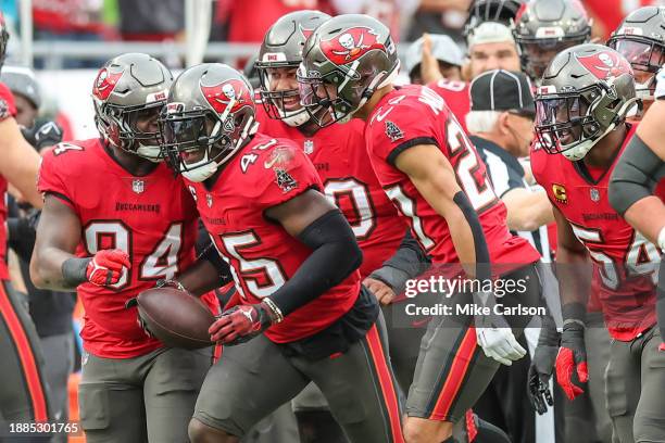 Devin White of the Tampa Bay Buccaneers celebrates a turnover against the Jacksonville Jaguars during the first half of the game at Raymond James...