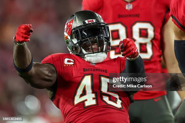 Devin White of the Tampa Bay Buccaneers celebrates a sack during the second half of the game against the Jacksonville Jaguars at Raymond James...