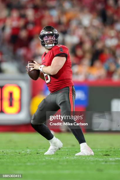 Baker Mayfield of the Tampa Bay Buccaneers throws during the second half of the game against the Jacksonville Jaguars at Raymond James Stadium on...