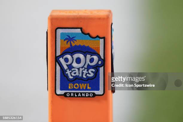 The Pop-Tarts Bowl logo is shown on a goal line pylon during the Pop-Tarts Bowl between the North Carolina State Wolfpack and the Kansas State...