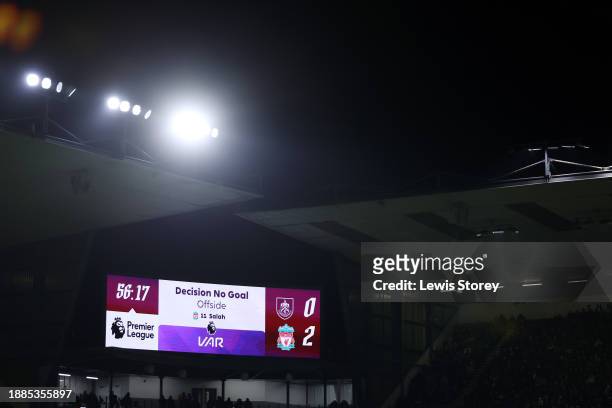 General view inside the stadium as the scoreboard shows that the VAR disallows a goal scored by Harvey Elliott of Liverpool during the Premier League...