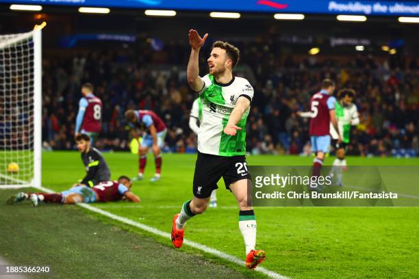 Diogo Jota of Liverpool celebrates scoring his side's second goal during the Premier League match between Burnley FC and Liverpool FC at Turf Moor on...