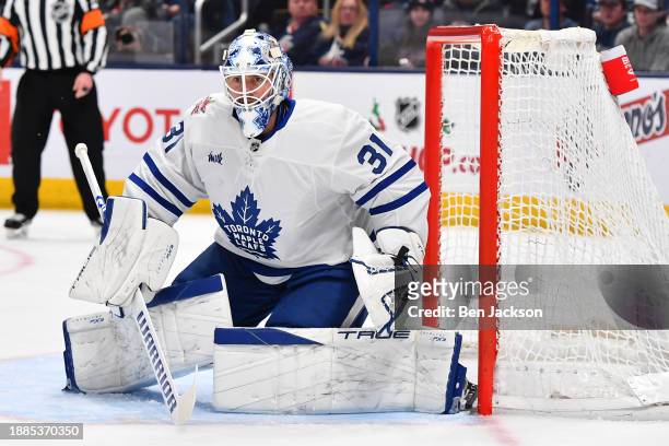 Goaltender Martin Jones of the Toronto Maple Leafs defends the net during the first period of a game against the Columbus Blue Jackets at Nationwide...