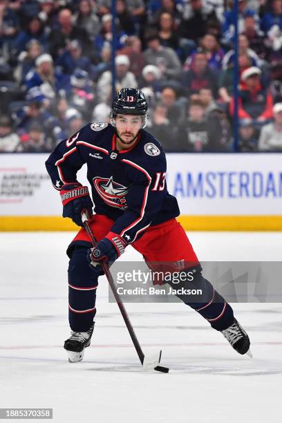 Johnny Gaudreau of the Columbus Blue Jackets skates with the puck during the third period of a game against the Toronto Maple Leafs at Nationwide...