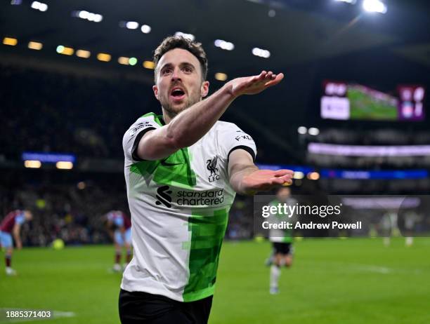 Diogo Jota of Liverpool celebrating after scoring the second goal making the score 0-2 during the Premier League match between Burnley FC and...