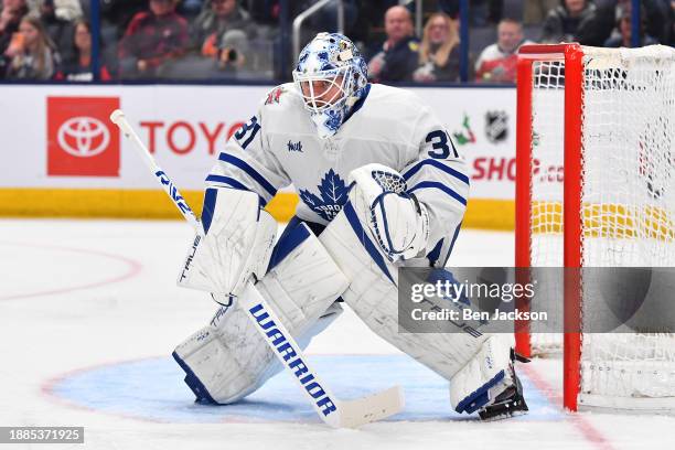 Goaltender Martin Jones of the Toronto Maple Leafs defends the net during the third period of a game against the Columbus Blue Jackets at Nationwide...