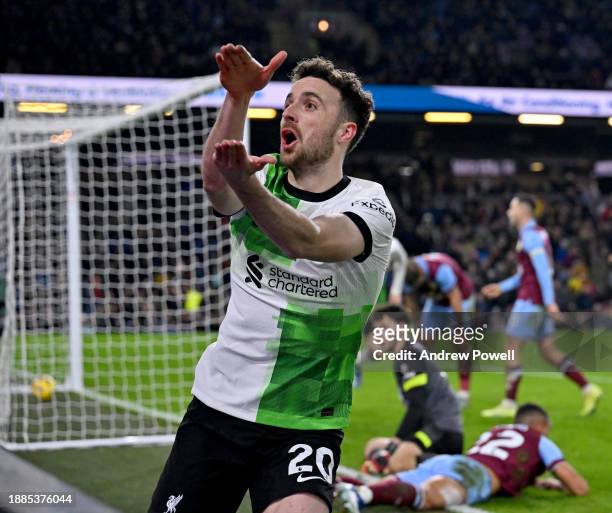 Diogo Jota of Liverpool celebrating after scoring the second goal making the score 0-2 during the Premier League match between Burnley FC and...