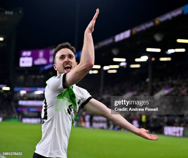 Diogo Jota of Liverpool celebrating after scoring the second goal making the score 0-2 during the Premier League match between Burnley FC and...