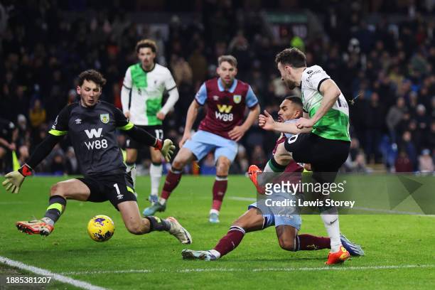 Diogo Jota of Liverpool scores their team's second goal past James Trafford of Burnley during the Premier League match between Burnley FC and...
