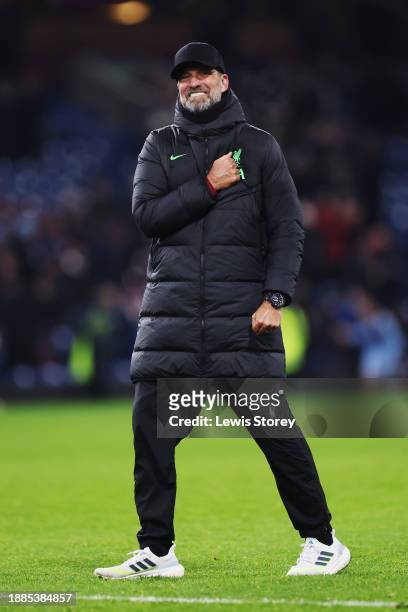 Juergen Klopp, Manager of Liverpool, celebrates victory at full-time following the Premier League match between Burnley FC and Liverpool FC at Turf...
