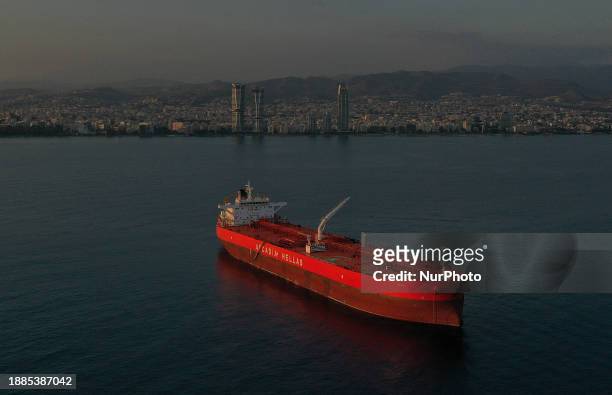 The tanker Greece's Arcadia for transporting oil is moored off the coast of the Mediterranean port of Limassol. Cyprus, Friday, December 29, 2023....