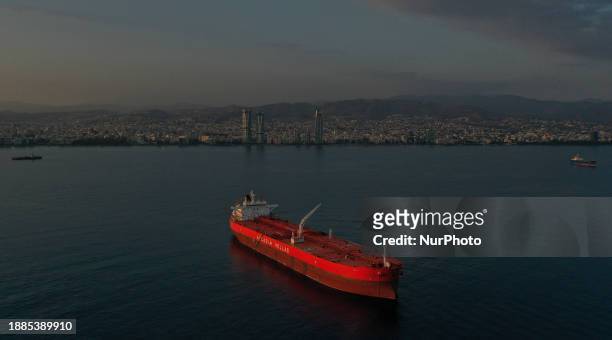 The tanker Greece's Arcadia for transporting oil is moored off the coast of the Mediterranean port of Limassol. Cyprus, Friday, December 29, 2023....