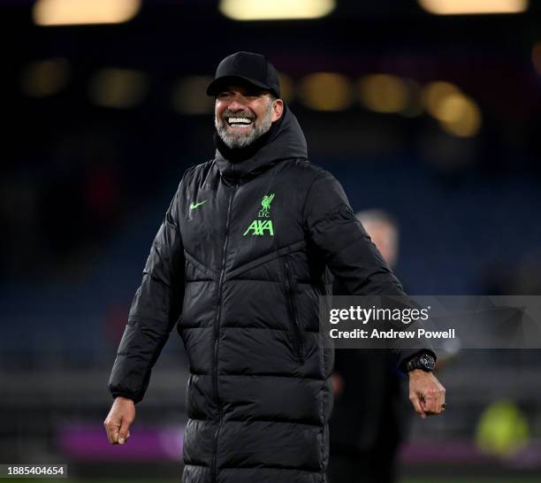 Jurgen Klopp manager of Liverpool showing his appreciation to the fans at the end of the Premier League match between Burnley FC and Liverpool FC at...