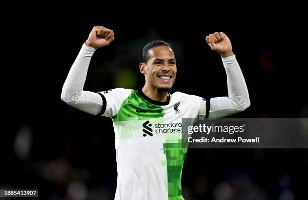 Virgil van Dijk captain of Liverpool celebrating during the Premier League match between Burnley FC and Liverpool FC at Turf Moor on December 26,...