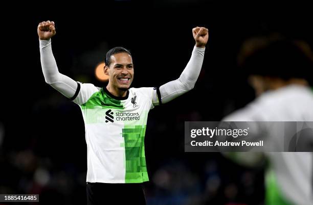 Virgil van Dijk captain of Liverpool celebrating during the Premier League match between Burnley FC and Liverpool FC at Turf Moor on December 26,...