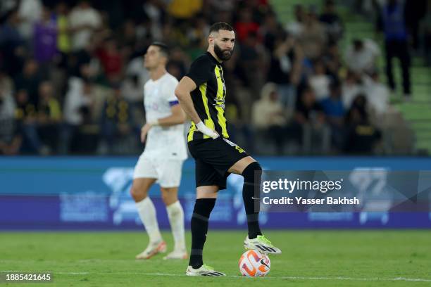 Karim Benzema of Al-Ittihad reacts after Al-Nassr scored their third side goal during the Saudi Pro League match between Al-Ittihad and Al-Nassr at...