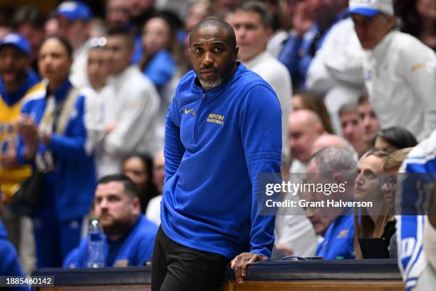Head coach Speedy Claxton of the Hofstra Pride looks on during the game against the Duke Blue Devils at Cameron Indoor Stadium on December 12, 2023...