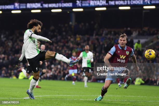 Mohamed Salah of Liverpool shoots at goal during the Premier League match between Burnley FC and Liverpool FC at Turf Moor on December 26, 2023 in...
