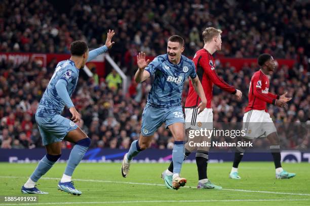 Leander Dendoncker of Aston Villa celebrates after scoring their second side goal during the Premier League match between Manchester United and Aston...