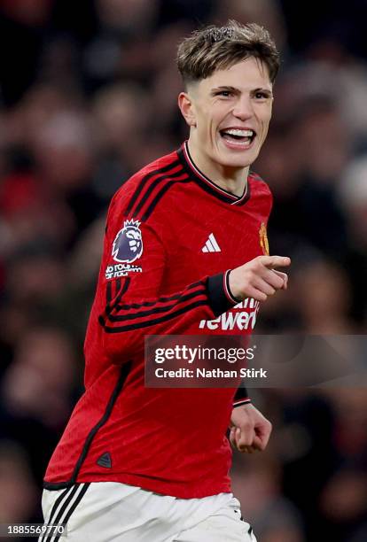 Alejandro Garnacho of Manchester United celebrates after scoring their first side goal during the Premier League match between Manchester United and...