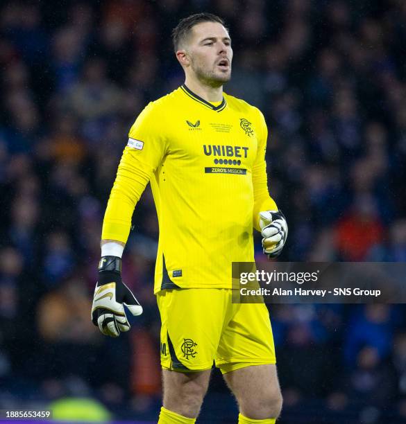 Rangers' Jack Butland during the Viaplay Cup Final match between Rangers and Aberdeen at Hampden Park, on December 17 in Glasgow, Scotland.