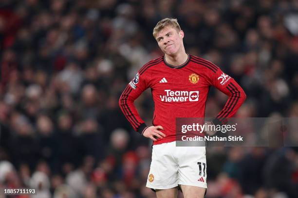 Rasmus Hojlund of Manchester United reacts during the Premier League match between Manchester United and Aston Villa at Old Trafford on December 26,...