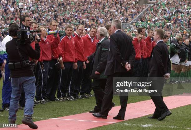 Captain Matrin Johnson of England is asked to move his team before kick off during the RBS Six Nations Championship match between Ireland and England...