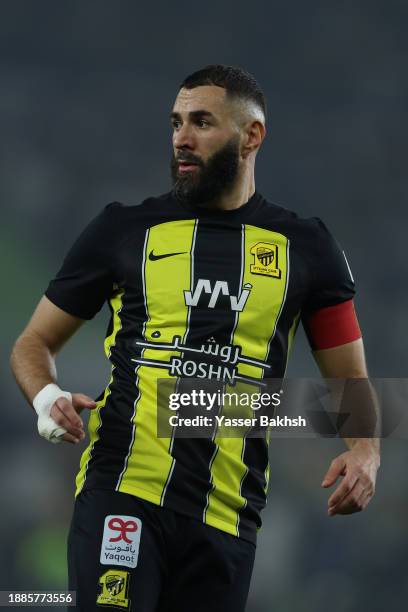 Karim Benzema of Al-Ittihad looks on during the Saudi Pro League match between Al-Ittihad and Al-Nassr at Prince Abdullah Al Faisal Stadium on...