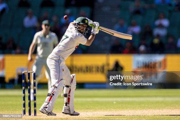 Salman Ali Agha of Pakistan edges the ball through the vacant third slip area during Day 4 of the Boxing Day Test - Day 4 match between Australia and...