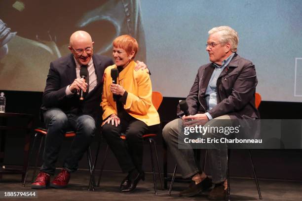 Director Laurent Bouzereau, Catherine Wyler and David Wyler seen at Netflix Original Documentary Series "Five Came Back" Q&A panel at the Samuel...