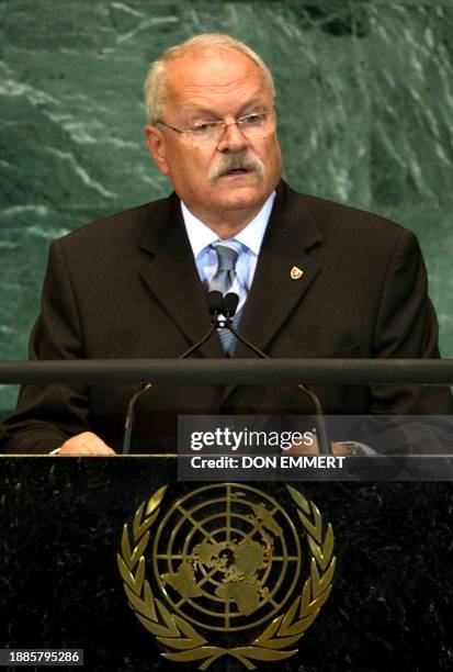 President of the Slovak Republic Ivan Gasparovic delivers his address September 23, 2010 during the 65th session of the General Assembly at the...