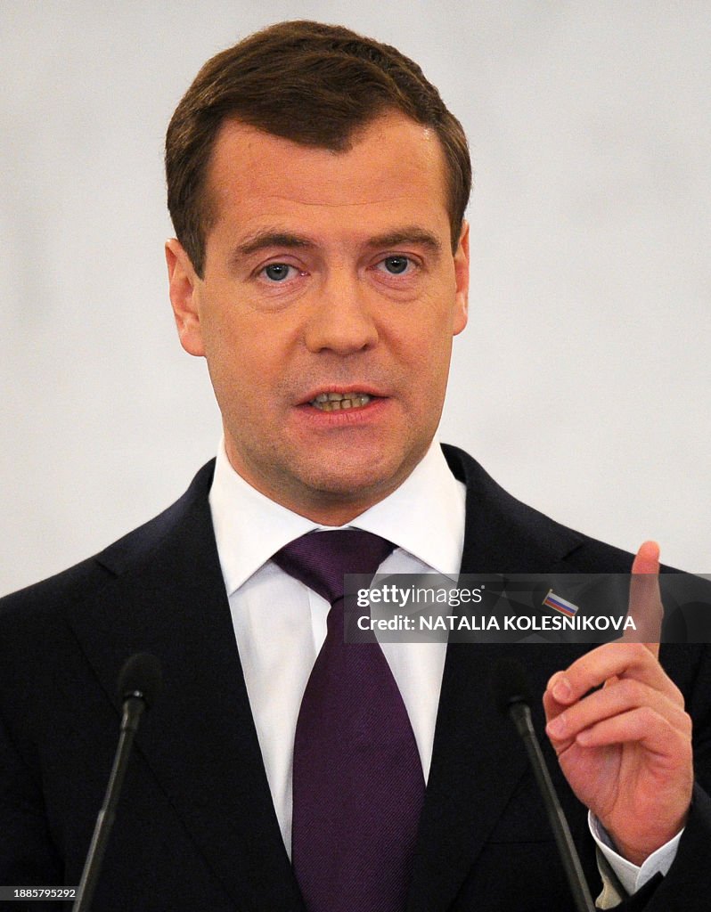 Russian President Dmitry Medvedev delivers a speech during his annual