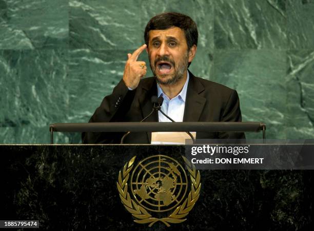 President of the Islamic Republic of Iran Mahmoud Ahmadinejad delivers his address September 23, 2010 during the 65th session of the General Assembly...