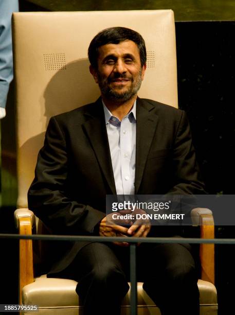President of the Islamic Republic of Iran Mahmoud Ahmadinejad waits to deliver his address September 23, 2010 during the 65th session of the General...