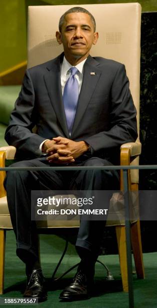 President Barack Obama waits to deliver his address September 23, 2010 during the 65th session of the General Assembly at the United Nations in New...