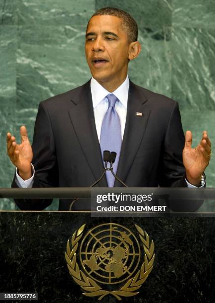 President of the United States Barack Obama waits to deliver his address September 23, 2010 during the 65th session of the General Assembly at the...